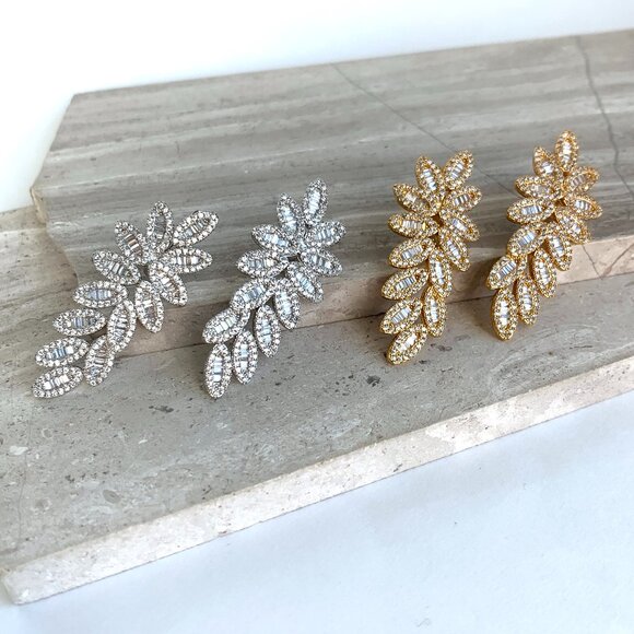 NEW ~ Anthropologie Pavé X Baguette Fancy Flower Drop Stud Silver Earrings - Picture 13 of 14